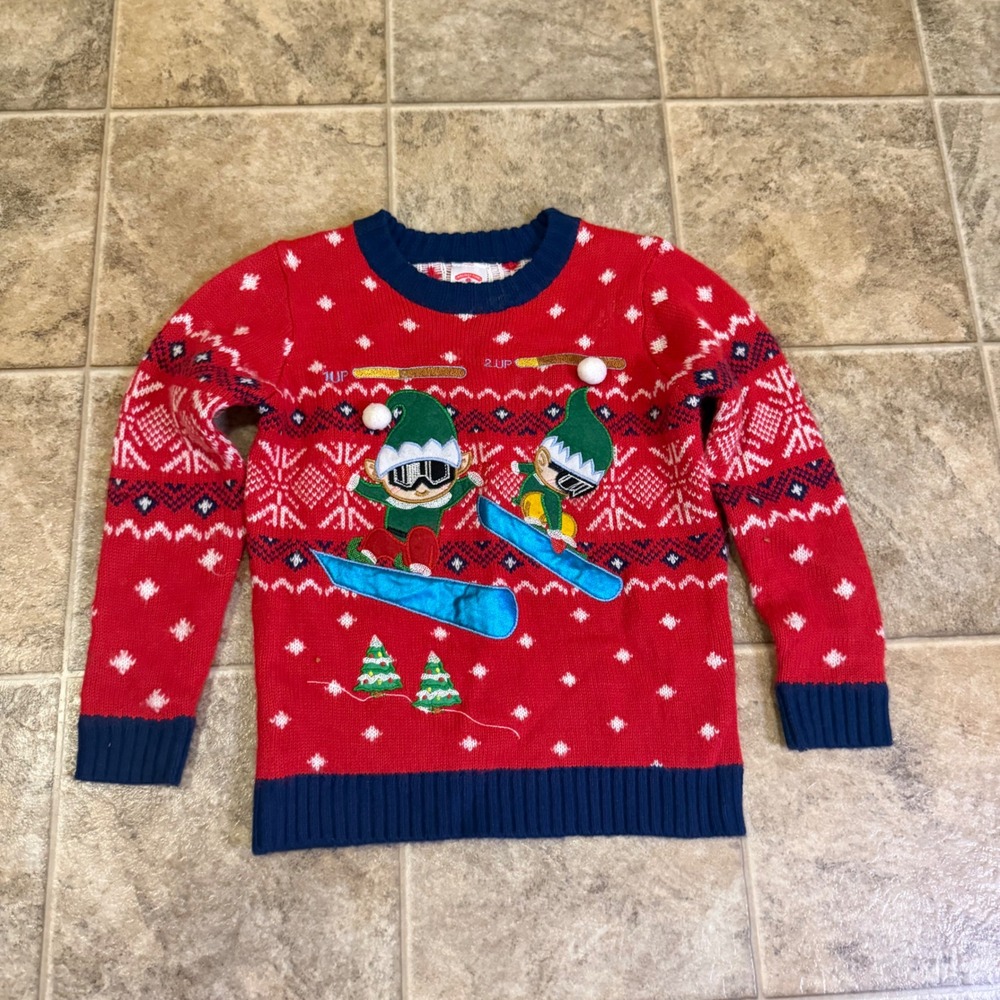 Holiday Time Kids Red Snowboarding Elves Ugly Christmas Sweater XS 4-5
